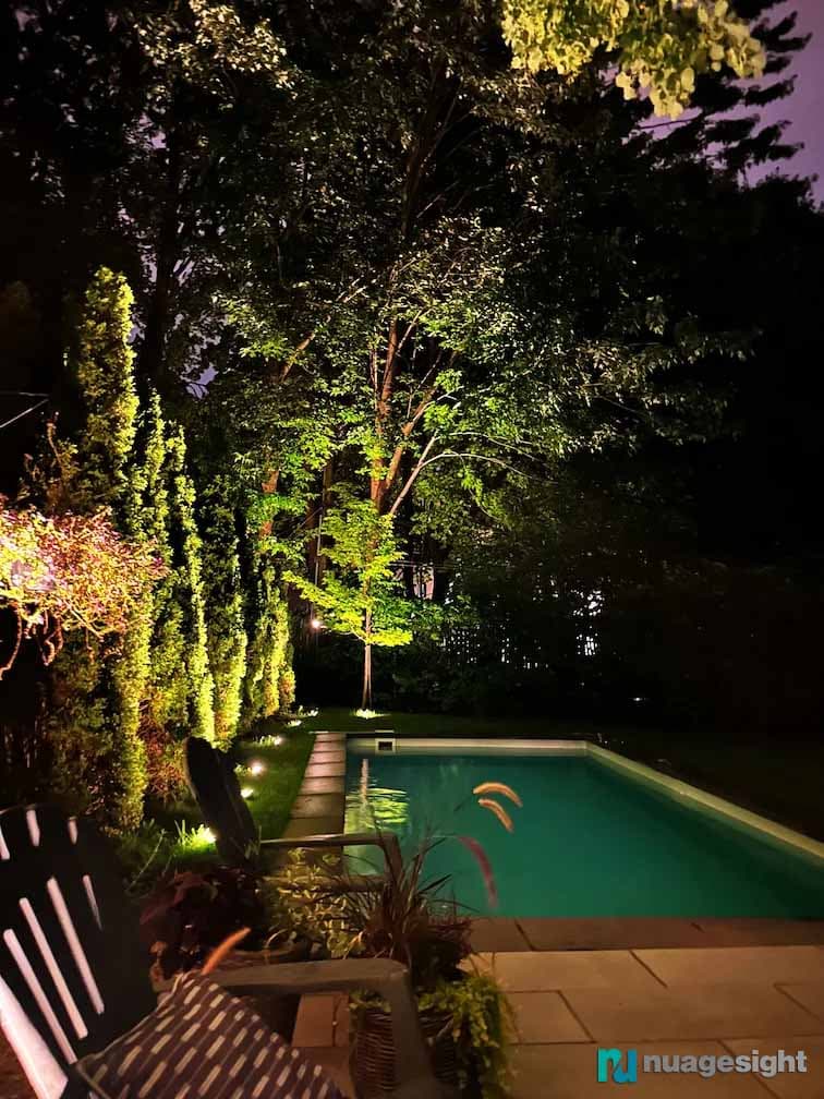 Garden and pool view of lighting at night